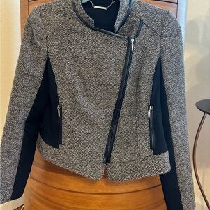 White house black market tweed blazer with leather accents
